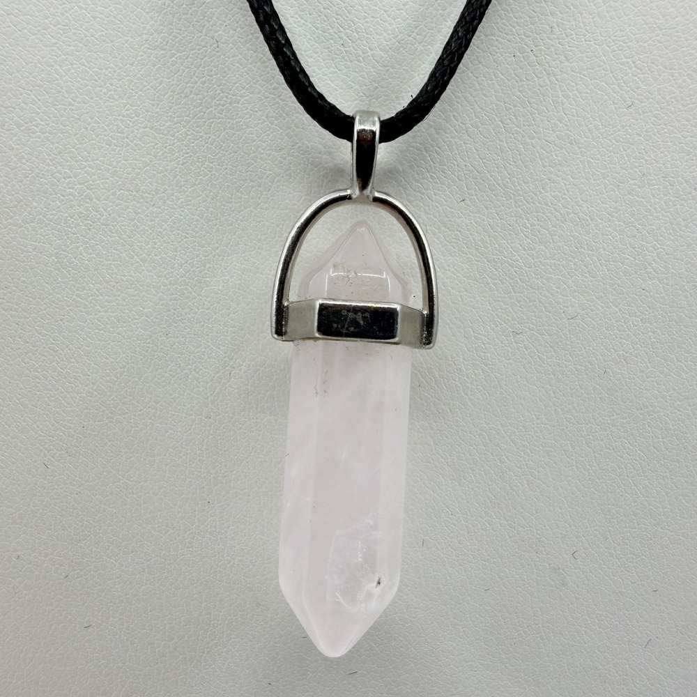 Rose Quartz Point Pendant Necklace on Black Cord - Boho Crystal Jewelry